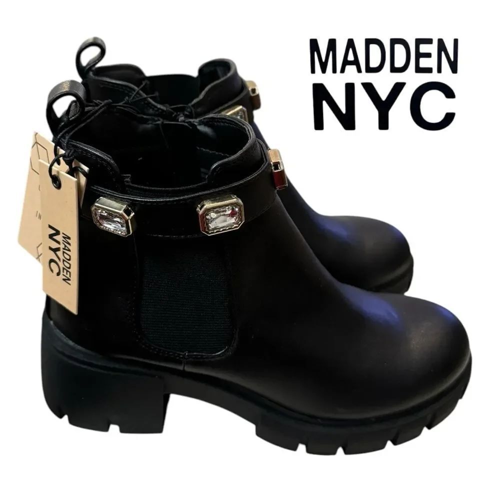 Madden NYC Women's Chelsea Black Rhinestone Lug Sole Ankle Boots Booties 10